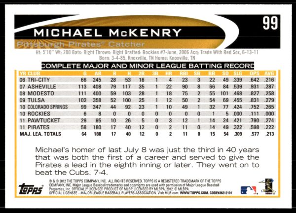 2012 Topps Michael McKenry #99 (Back)