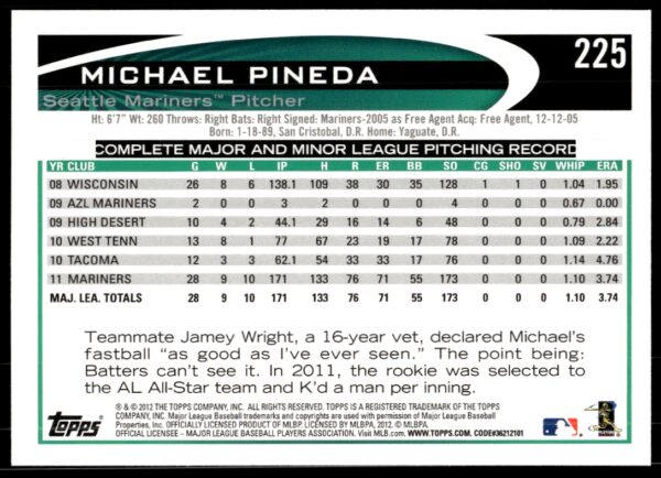 2012 Topps Michael Pineda #225 (Back)