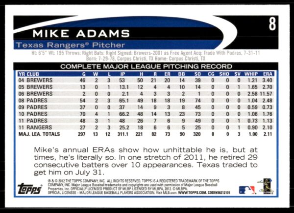 2012 Topps Mike Adams #8 (Back)