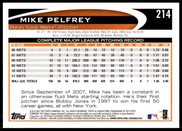 2012 Topps Mike Pelfrey #214 (Back)