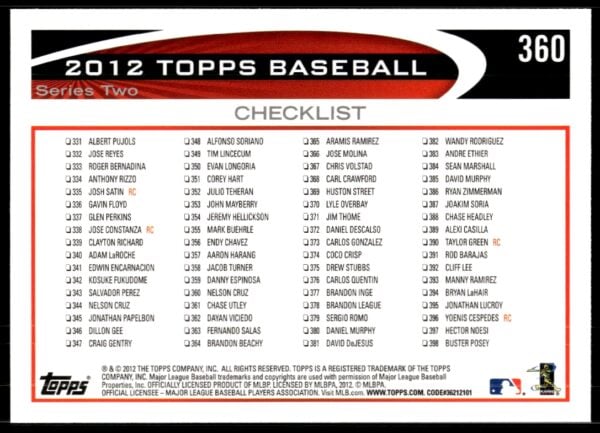 2012 Topps Nelson Cruz #360 (Back)