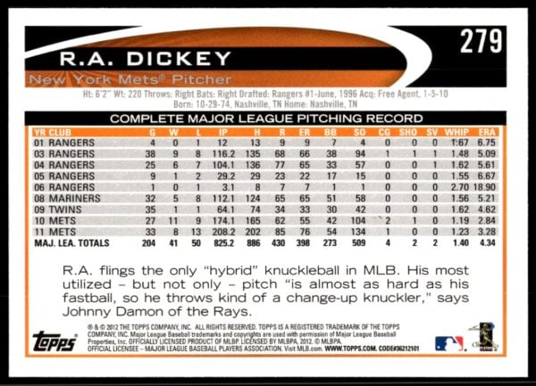 2012 Topps R.A. Dickey #279 (Back)