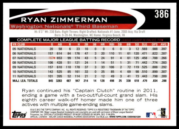 2012 Topps Ryan Zimmerman #386 (Back)