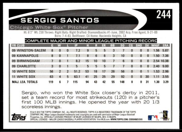 2012 Topps Sergio Santos #244 (Back)