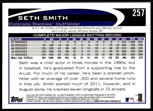 2012 Topps Seth Smith #257 (Back)