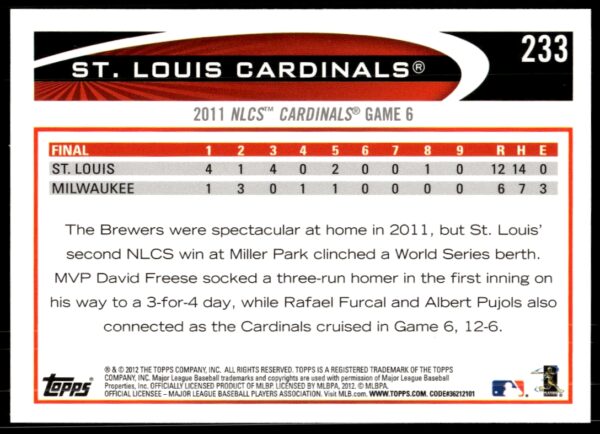 2012 Topps St. Louis Cardinals #233 (Back)