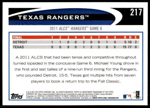 2012 Topps Texas Rangers #217 (Back)