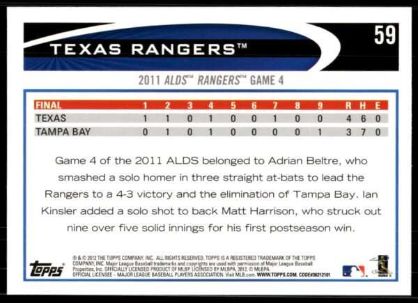 2012 Topps Texas Rangers #59 (Back)