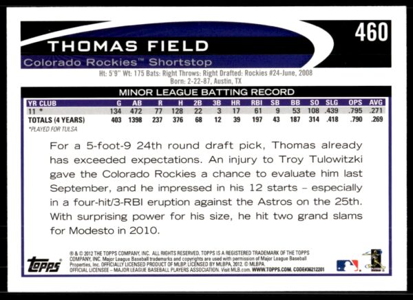 2012 Topps Thomas Field #460 (Back)