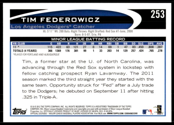 2012 Topps Tim Federowicz #253 (Back)