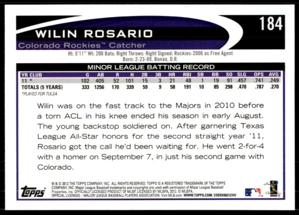 2012 Topps Wilin Rosario #184 (Back)