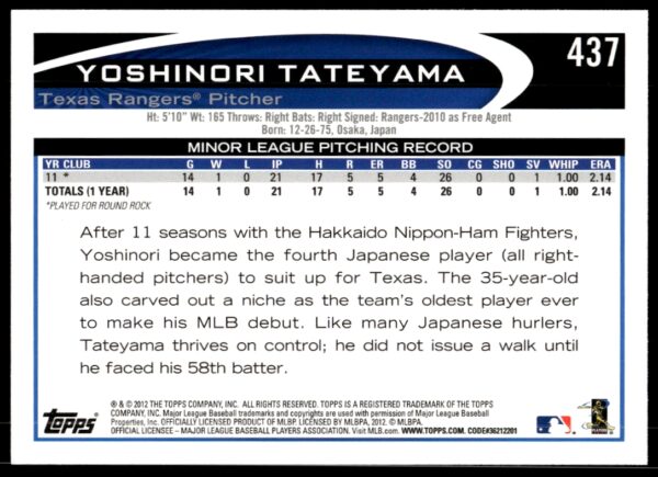 2012 Topps Yoshinori Tateyama #437 (Back)