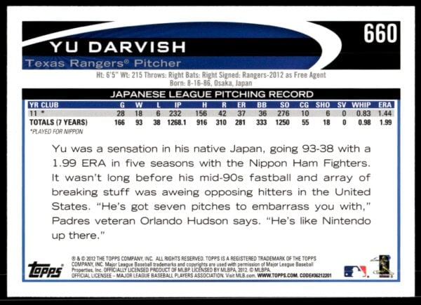 2012 Topps Yu Darvish #660 (Back)