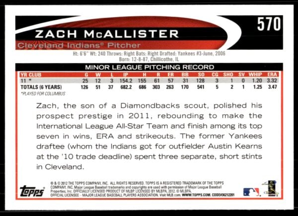 2012 Topps Zach McAllister #570 (Back)