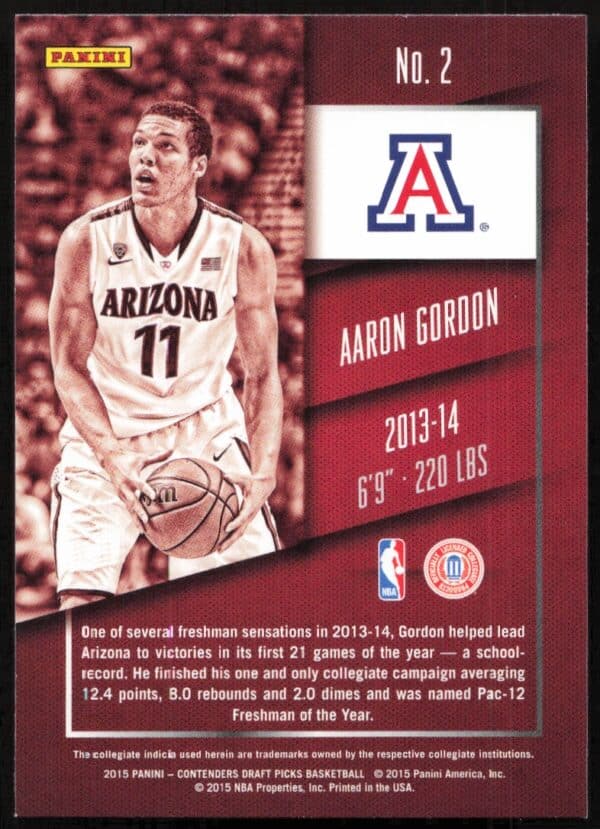 2015-16 Panini Contenders Draft Picks Aaron Gordon #2 (Back)