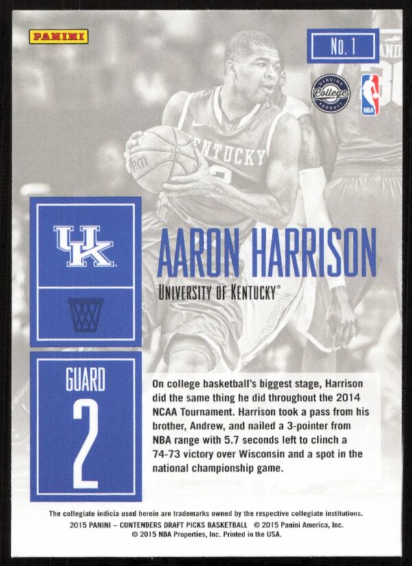 2015-16 Panini Contenders Draft Picks Aaron Harrison Game Day #1 (Back)