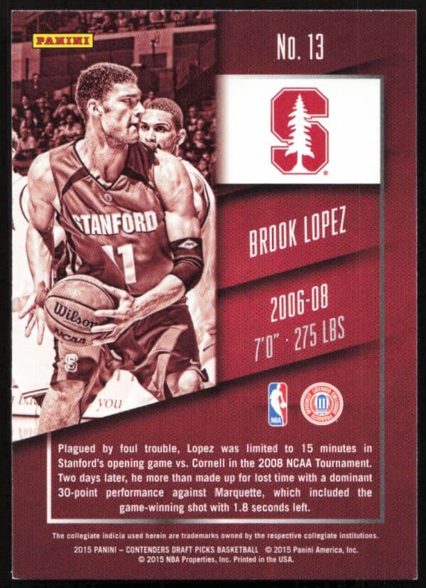 2015-16 Panini Contenders Draft Picks Brook Lopez #13 (Back)