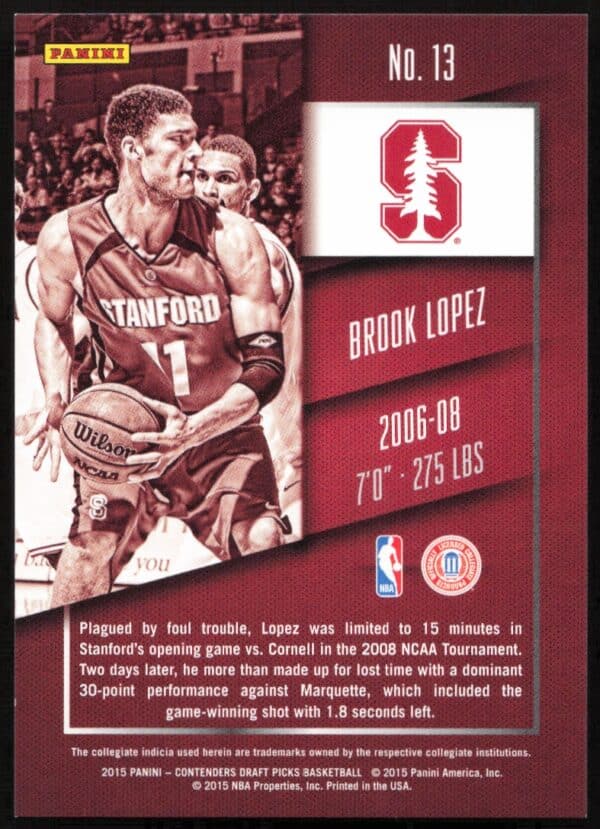 2015-16 Panini Contenders Draft Picks Brook Lopez Draft Ticket #13 (/99) (Back)