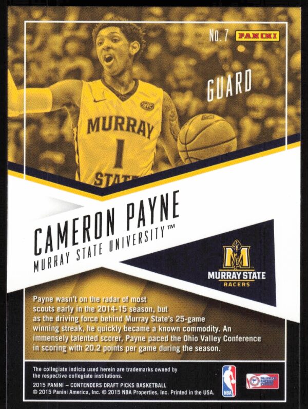 2015-16 Panini Contenders Draft Picks Cameron Payne School Colors #7 (Back)