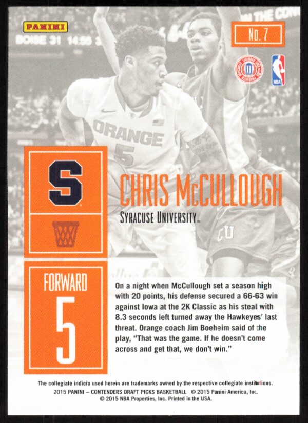 2015-16 Panini Contenders Draft Picks Chris McCullough Game Day #7 (Back)