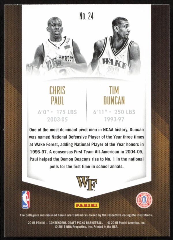 2015-16 Panini Contenders Draft Picks Chris Paul / Tim Duncan Collegiate Connections #24 (Back)