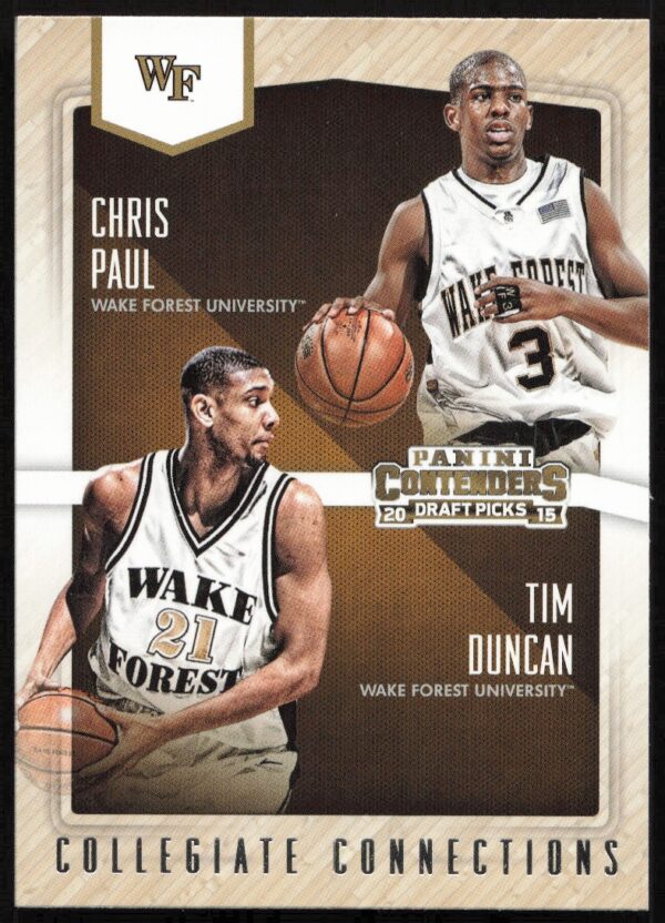 Chris Paul and Tim Duncan Wake Forest University Panini Collegiate Connections sports card.