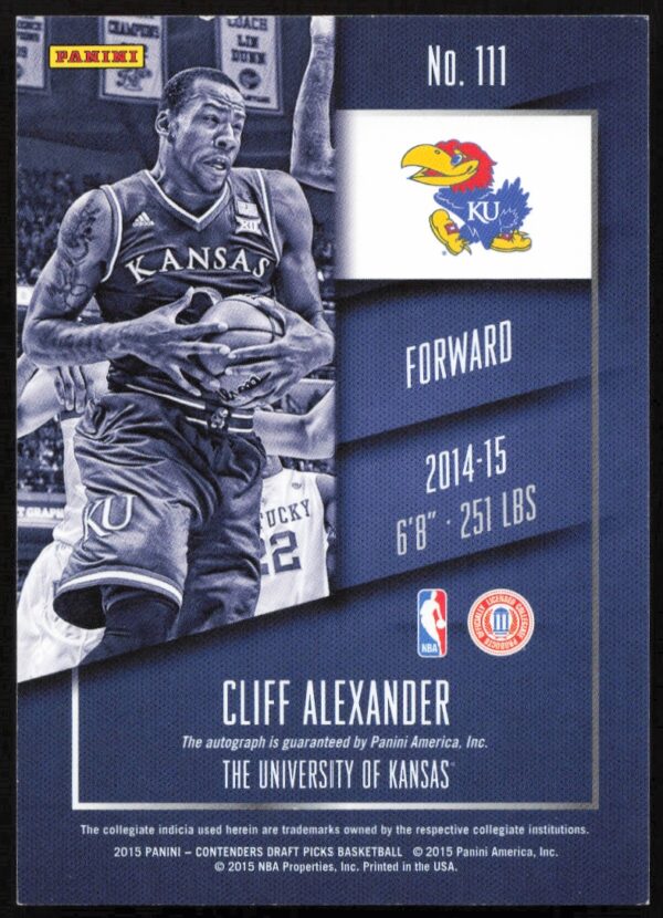 2015-16 Panini Contenders Draft Picks Cliff Alexander #111 (Auto) (Back)