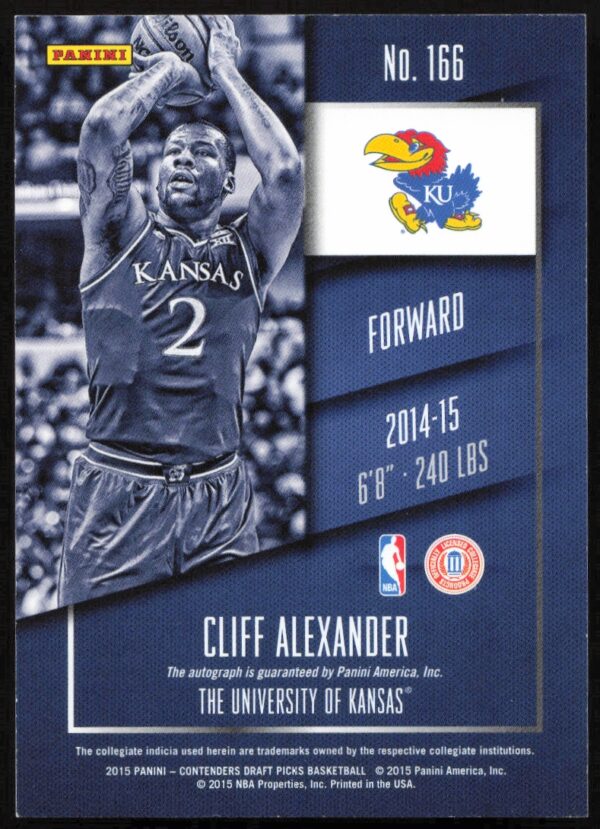 2015-16 Panini Contenders Draft Picks Cliff Alexander #166 (Auto) (Back)