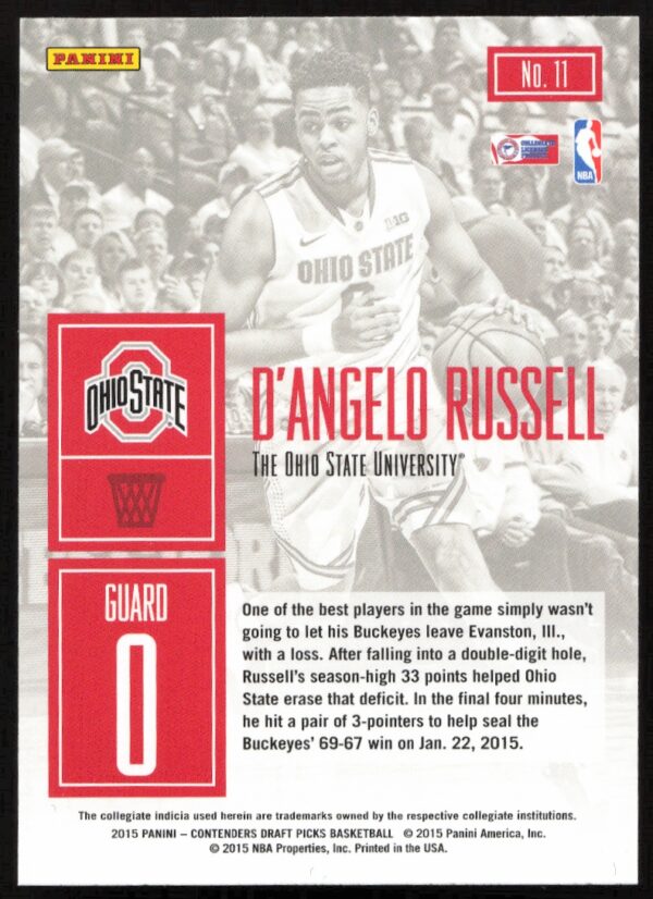 2015-16 Panini Contenders Draft Picks D'Angelo Russell Game Day #11 (Back)