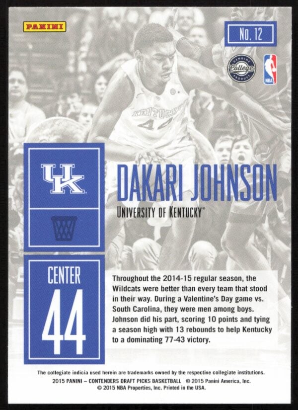 2015-16 Panini Contenders Draft Picks Dakari Johnson Game Day #12 (Back)