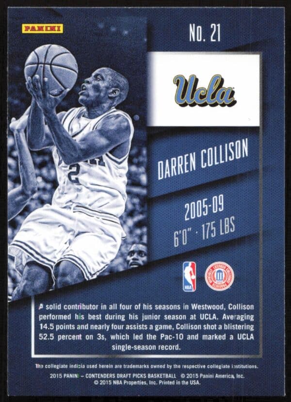 2015-16 Panini Contenders Draft Picks Darren Collison #21 (Back)