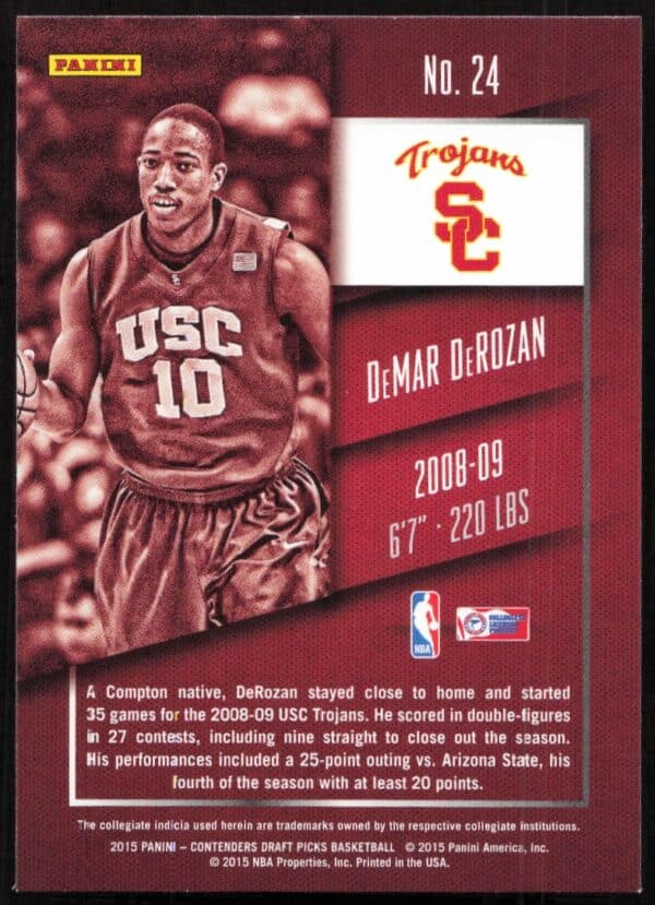 2015-16 Panini Contenders Draft Picks DeMar DeRozan #24 (Back)