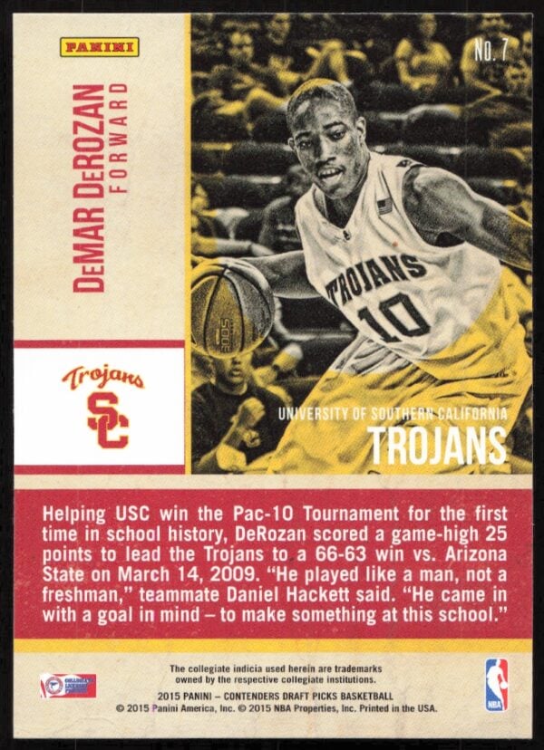 USC Trojans DeMar DeRozan in action on vintage Panini sports trading card.