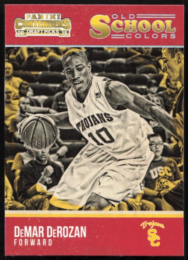 DeMar DeRozan playing basketball for USC Trojans, featured in vintage-style trading card.