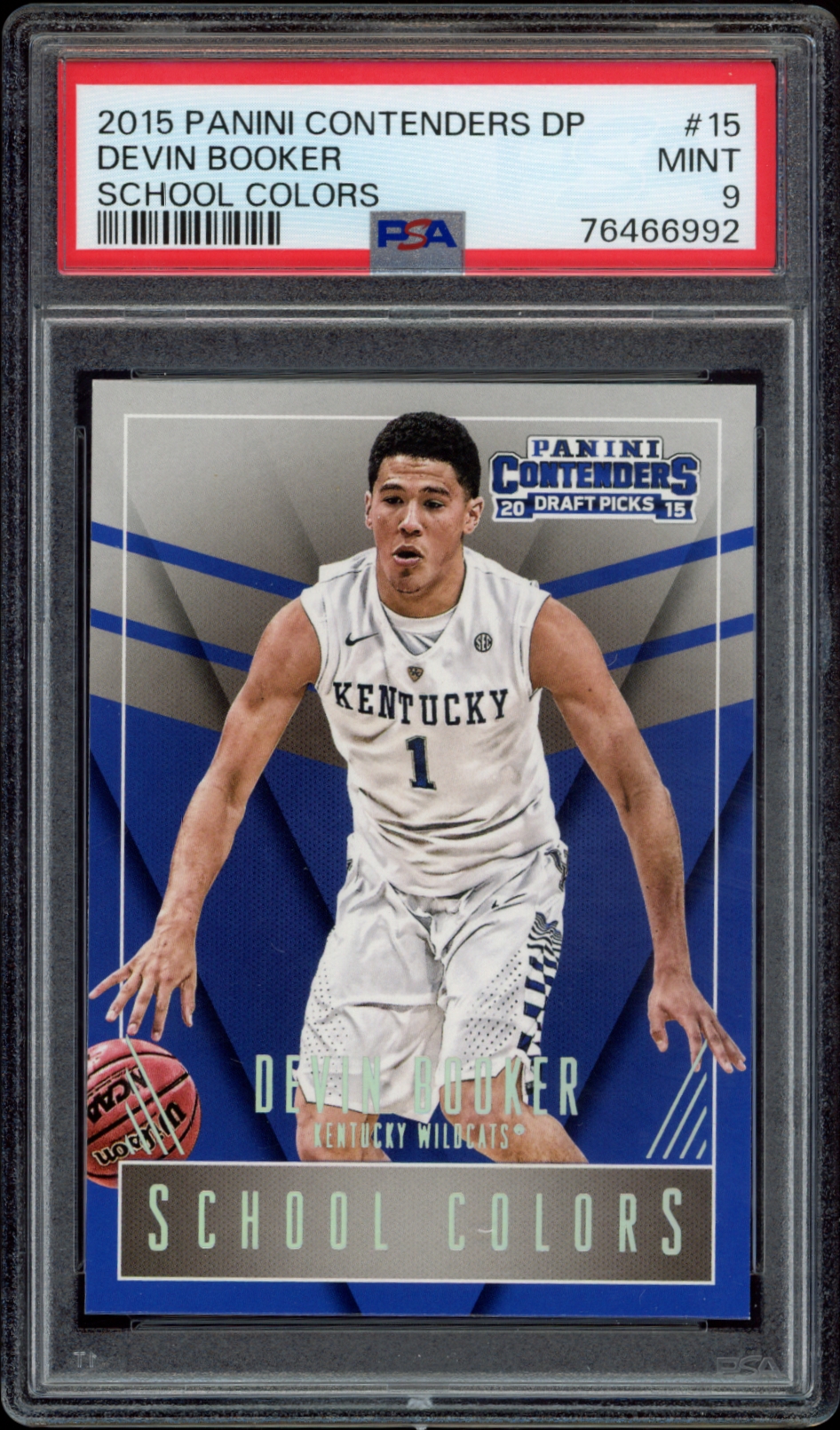 Devin Booker in action on mint condition 2015-16 Panini Contenders Kentucky Wildcats trading card.