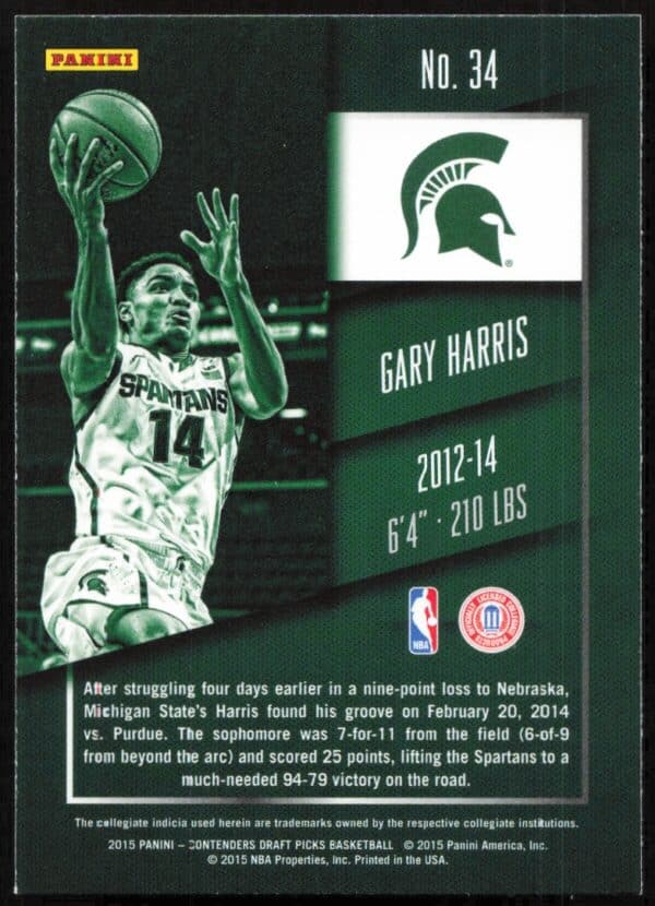 2015-16 Panini Contenders Draft Picks Gary Harris #34 (Back)