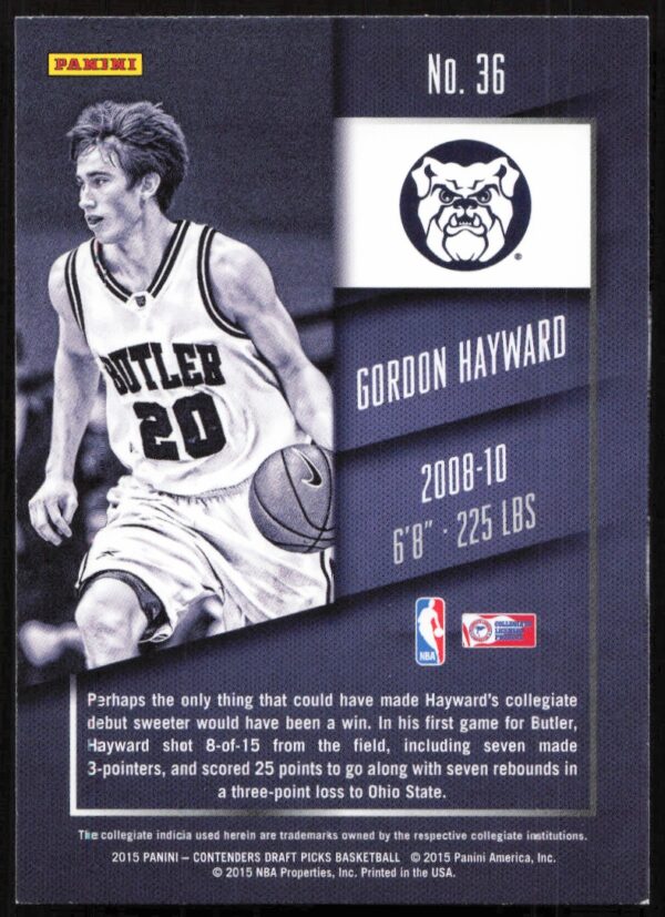 2015-16 Panini Contenders Draft Picks Gordon Hayward #36 (Back)