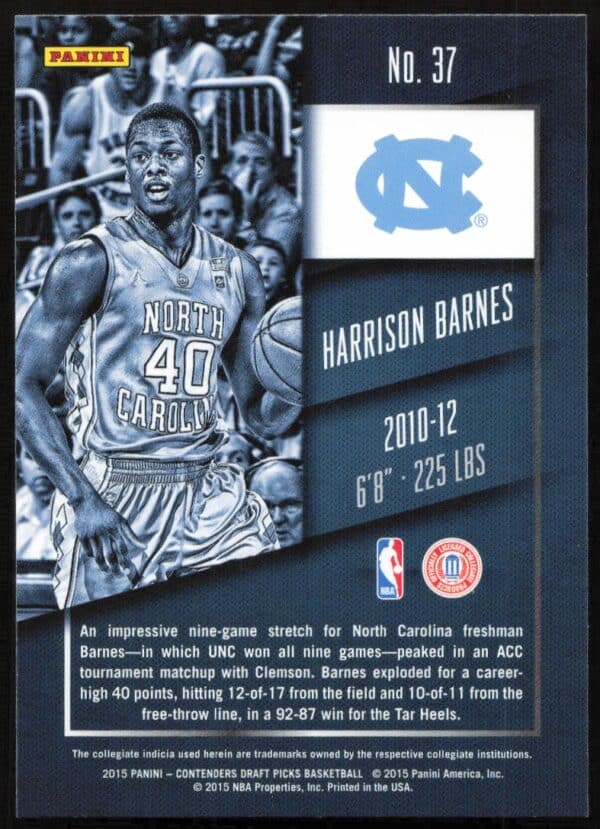 2015-16 Panini Contenders Draft Picks Harrison Barnes #37 (Back)