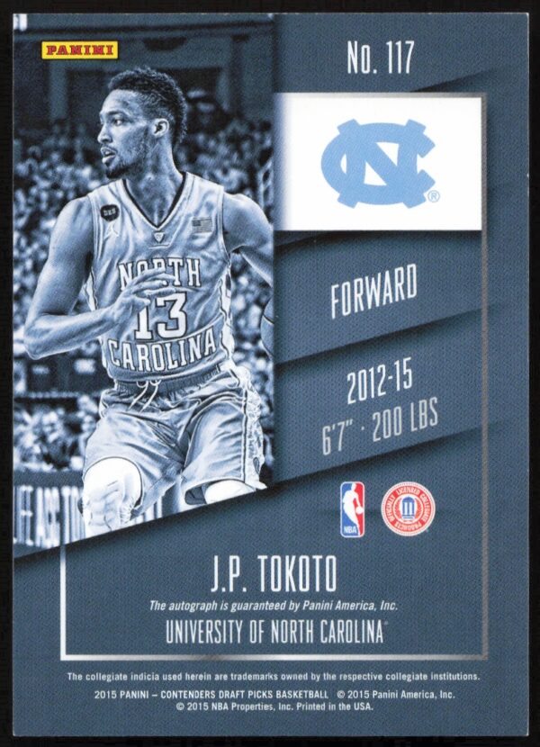 2015-16 Panini Contenders Draft Picks J.P. Tokoto #117 (Auto) (Back)