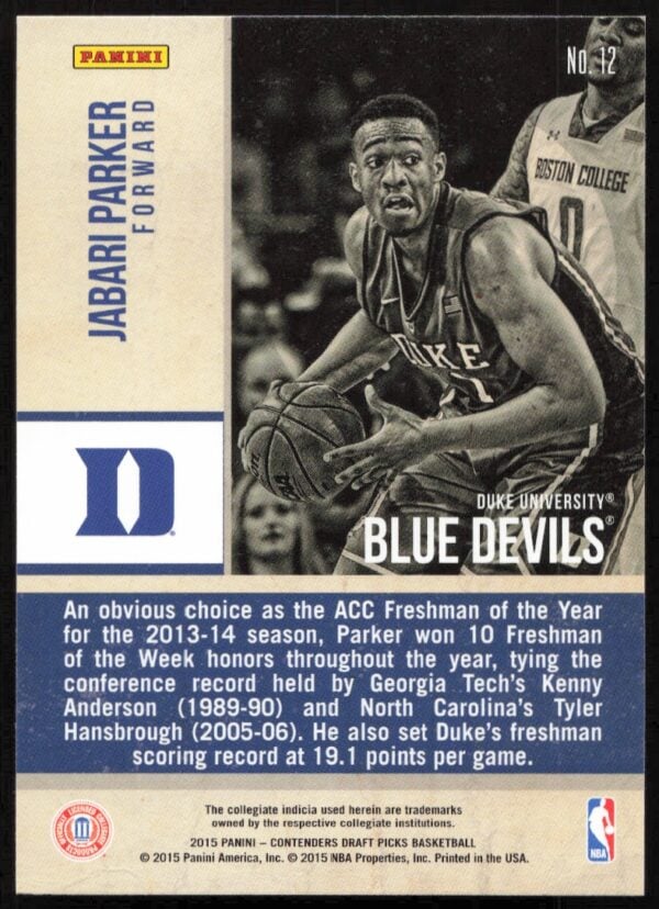 Jabari Parkers Duke Blue Devils Panini basketball card highlighting his 2013-14 achievements.