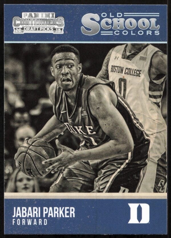 Jabari Parker in action wearing Duke jersey on Panini Contenders Old School Colors card.