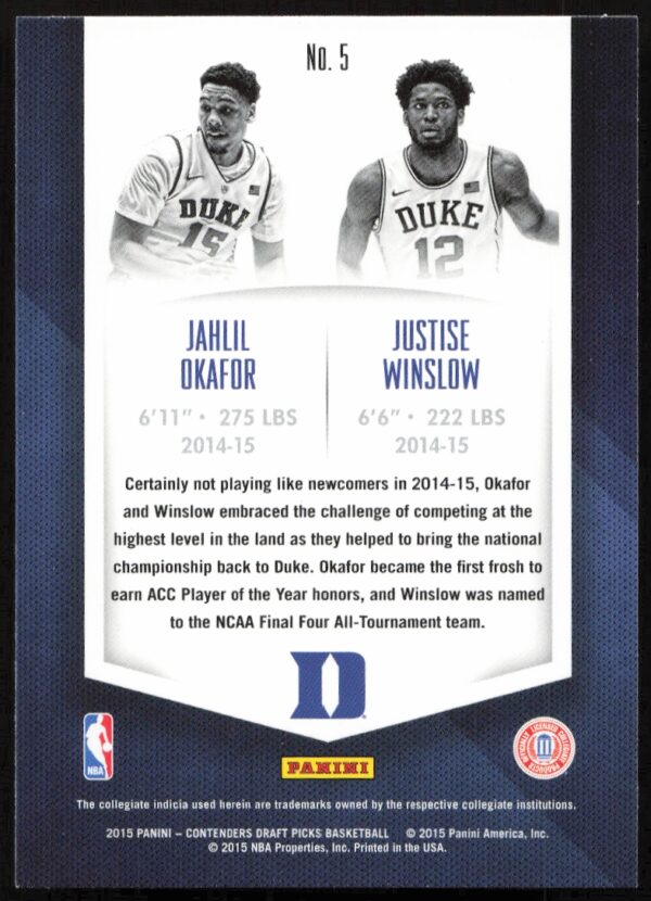 2015-16 Panini Contenders Draft Picks Jahlil Okafor / Justise Winslow Collegiate Connections #5 (Back)