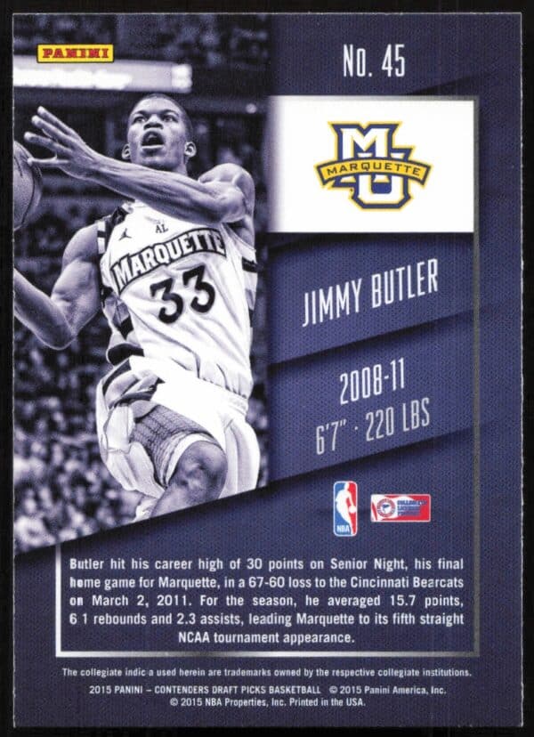 2015-16 Panini Contenders Draft Picks Jimmy Butler #45 (Back)