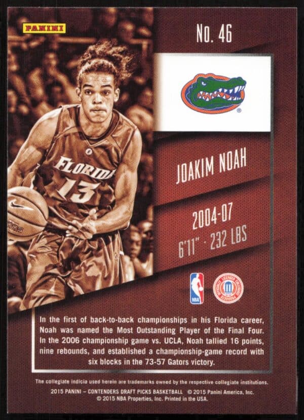 2015-16 Panini Contenders Draft Picks Joakim Noah #46 (Back)