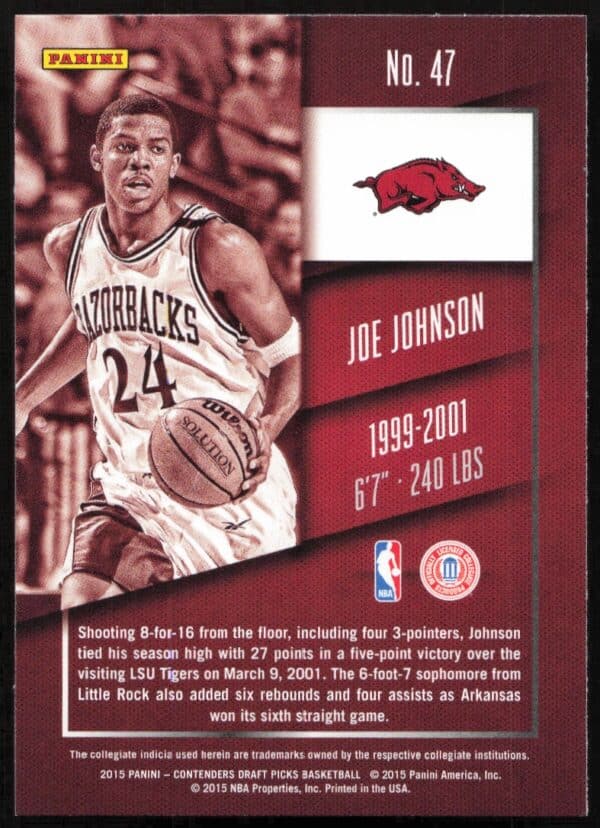 Collectors Panini basketball card featuring Razorback Joe Johnson in action.