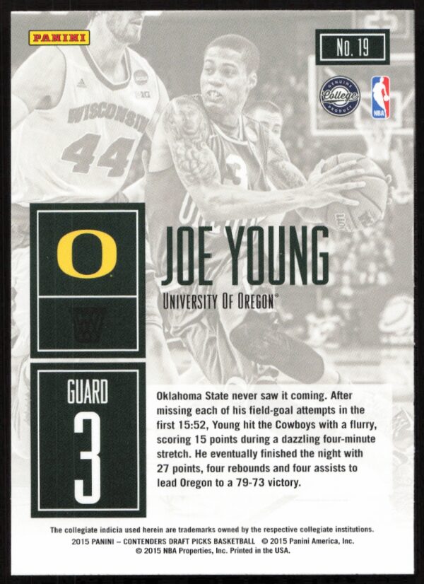 2015-16 Panini Contenders Draft Picks Joe Young Game Day #19 (Back)