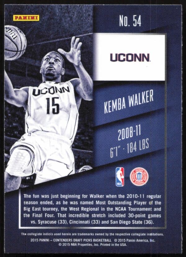 2015-16 Panini Contenders Draft Picks Kemba Walker #54 (Back)