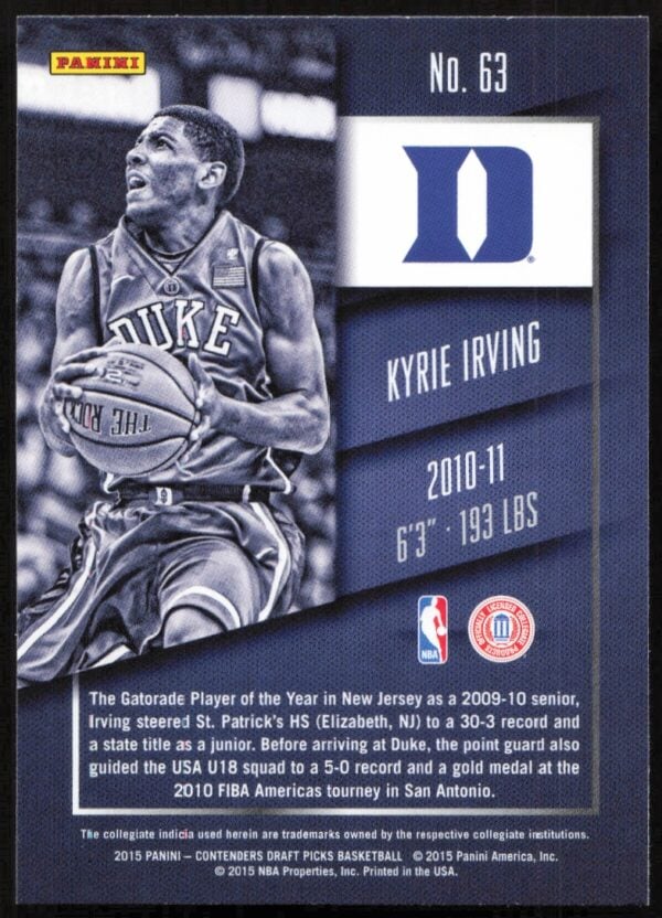 2015-16 Panini Contenders Draft Picks Kyrie Irving #63 (Back)