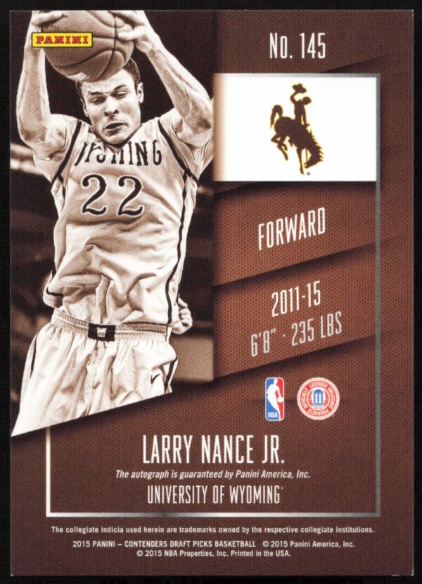 2015-16 Panini Contenders Draft Picks Larry Nance Jr. Draft Ticket #3 (/99) (Auto) (Back)