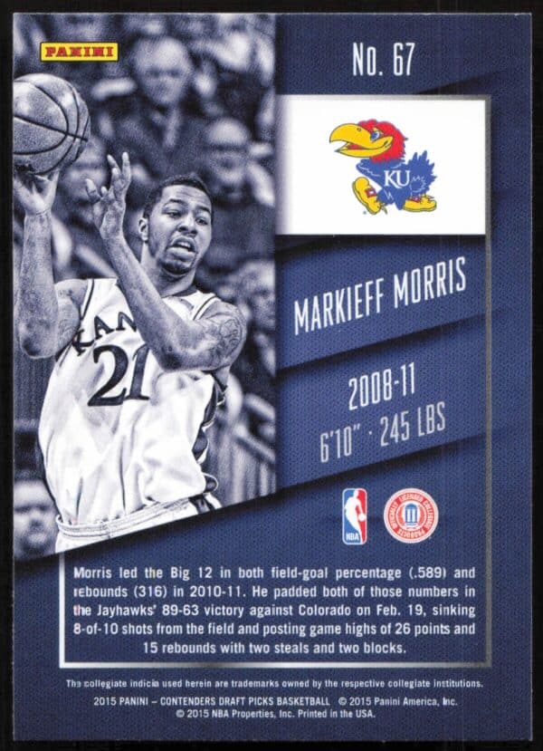 2015-16 Panini Contenders Draft Picks Markieff Morris #67 (Back)